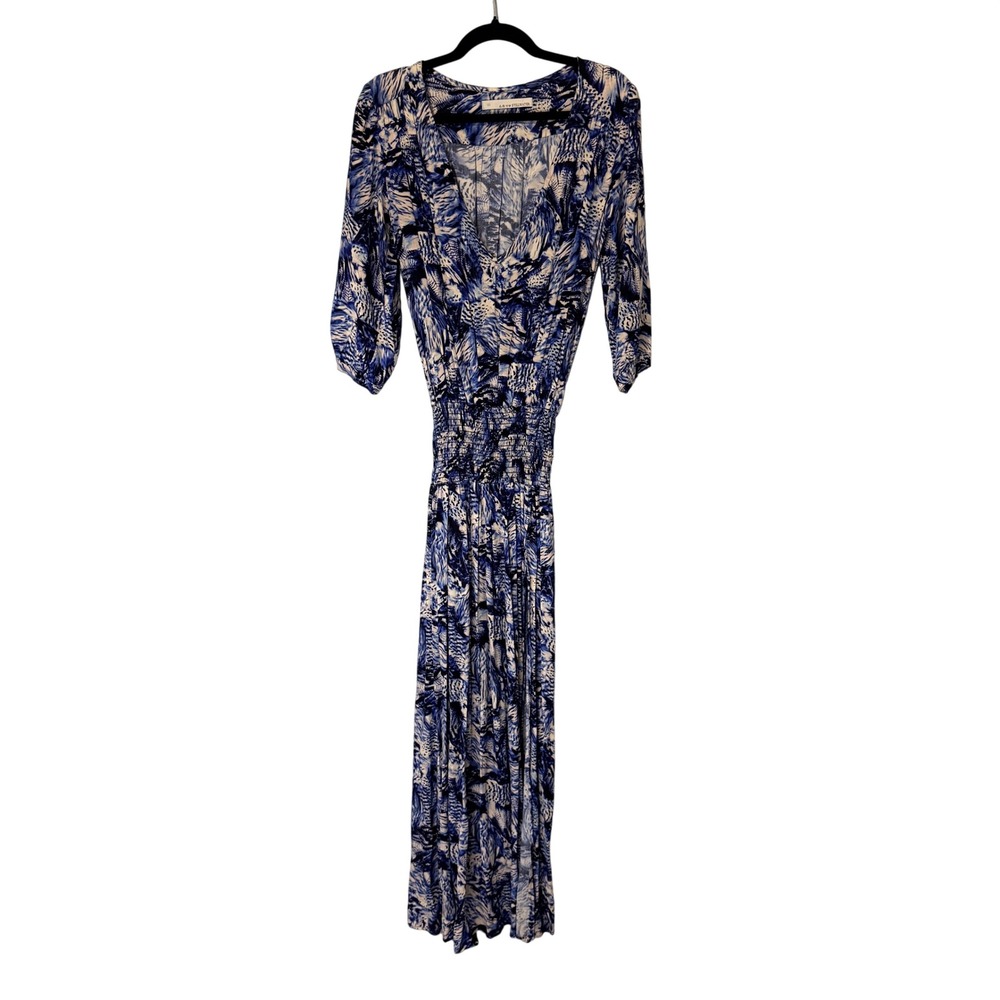 STILLWATER Women XS‎ Blue White Abstract Print Maxi Dress V Neck Smocked Waist